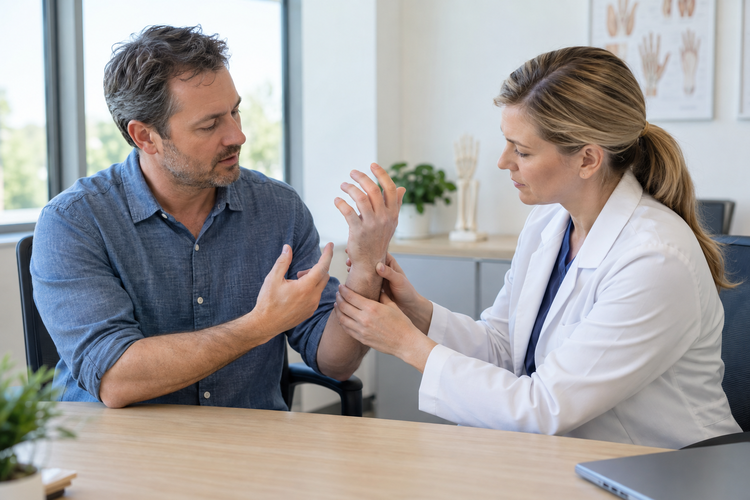 The median nerve is compressed inside the tunnel formed by the wrist bones and the transverse carpal ligament.